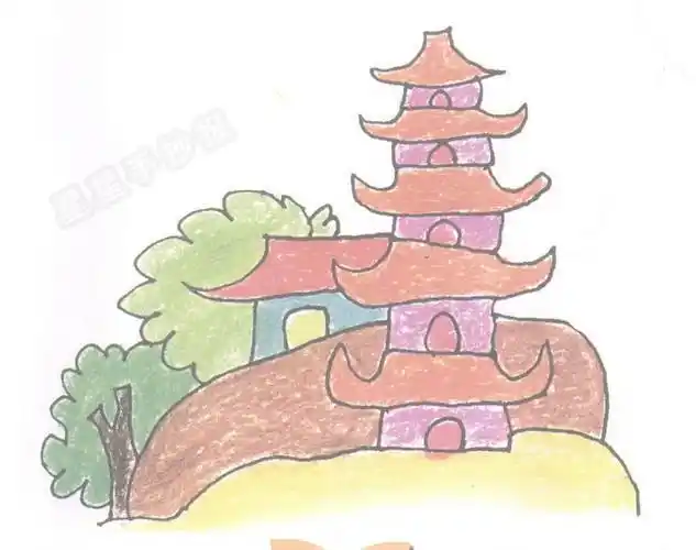 山上的小塔寺简笔画高耸的塔儿童简笔画风景图片 建筑简笔画塔简笔画
