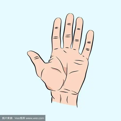 手伸出五个手指.用素描笔触人类男性的手,在蓝色背景上配色插图