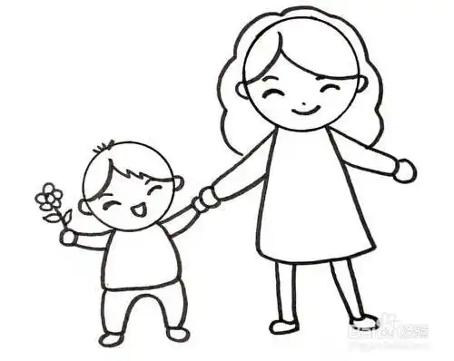 再在小圆时画出可爱表情的小朋友和妈妈手拉手,在小朋友手上加上