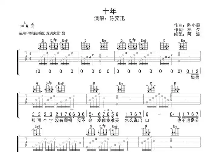 十年吉他谱_陈奕迅_g调弹唱 - 吉他世界网