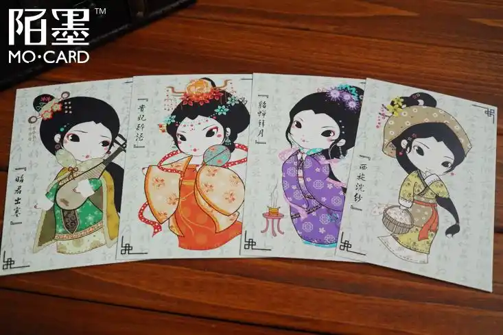 陌墨手绘明信片q版四大美女贺卡4张卡片