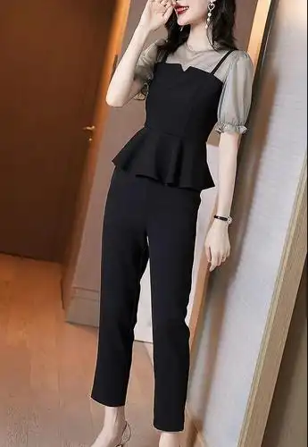 新款大码小香风套装女2020夏季显瘦时尚雪纺衫裤子休闲两件套女 黑色