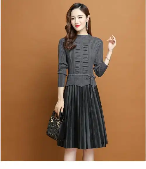 西丽莉娅 高端轻奢品牌针织连衣裙女冬季2020洋气收腰拼接中长款假两