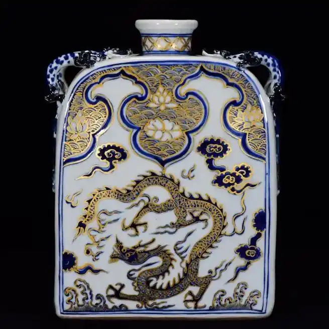 元青花描金龙纹扁瓶 尺寸:23*18cm - 抖音