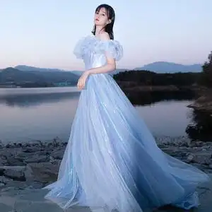 明星同款晚礼服乔欣蓝色镭射星光梦幻纱裙走秀新娘写真婚纱宴会夏