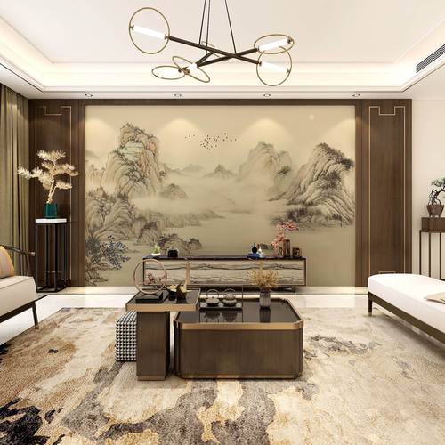 新中式立体古典山水画3d水墨意境电视背景墙客厅茶室壁纸自粘墙布
