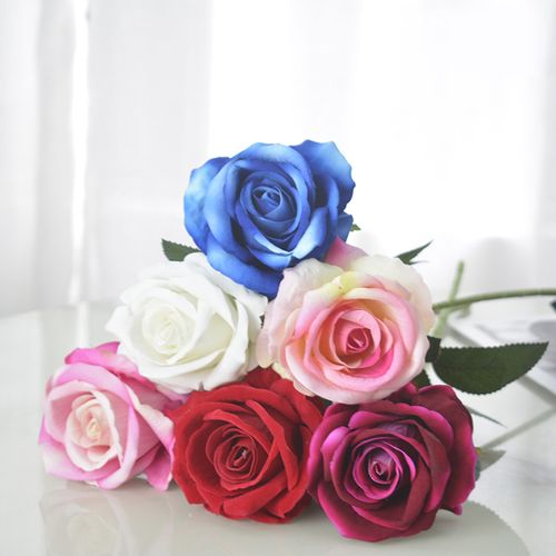 单支仿真玫瑰花塑料防真花摆设客厅餐桌婚庆绒布仿真玫瑰假花花束