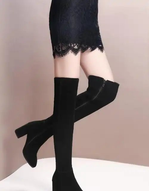 磨砂面长筒靴女士冬季真皮长桶靴全皮过膝长靴女高跟粗跟翻毛皮加绒中