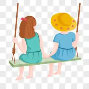 手绘卡通两个荡秋千的女孩背影图片素材