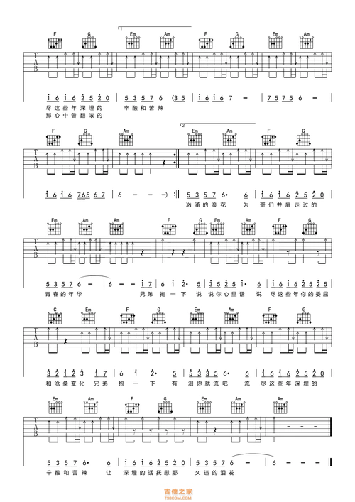 选调:c,变调夹2品原调:d兄弟抱一下吉他谱·庞龙《兄弟抱一下》六线谱