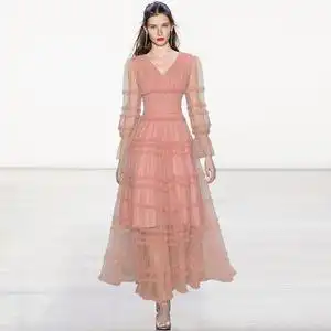 v领透视长袖收腰网纱荷叶边蓬蓬大摆长款礼服连衣裙2022春季新款