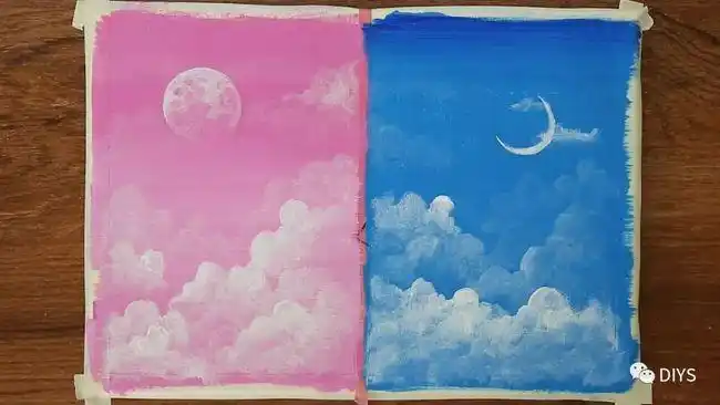 手工绘画作品漂亮的粉色天空和蓝色天空