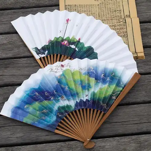 中国国风古风原创蓬莱荷塘折扇双面水彩画8寸扇子