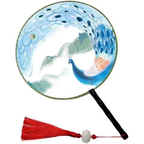 双面团扇中国风宫扇古风长柄女式舞蹈扇旗袍走秀团扇圆形扇子流苏