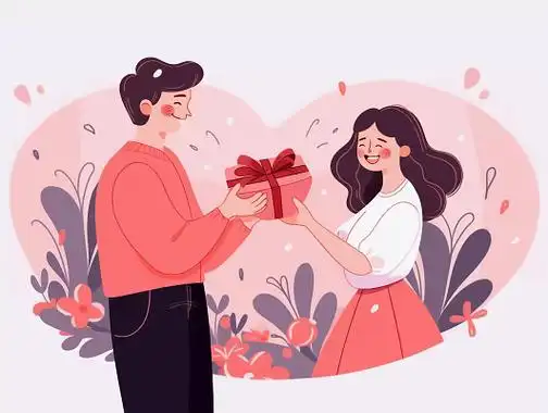 情侣男孩给女孩送花场景唯美浪漫情人节爱情双人手绘插画温馨氛围感