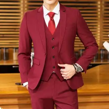 迪贯成人礼西装男高中士西服套装酒红色小新郎伴郎结婚礼服韩版修身三