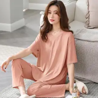 萱清娜品牌睡衣女夏天薄款短袖长裤夏款女装家居服休闲可外穿宽松8317