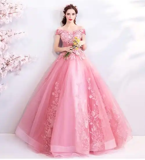 鲜花粉婚纱 一字肩粉色公主新娘齐地纱 结婚敬酒服婚纱晚宴礼服裙