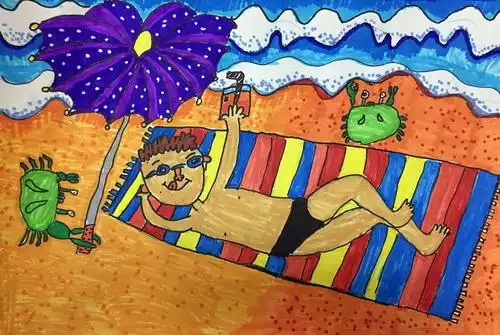 少儿书画作品-《海滩度假》/儿童书画作品《海滩度假》欣赏_中国少儿