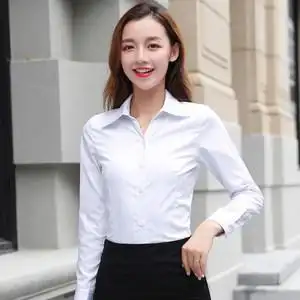 韩棉春秋白衬衫女长袖职业夏季v领修身工作服正装大码衬衣女装o