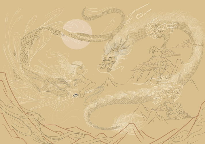 中国民间神话故事女娲斩黑龙的插画创作