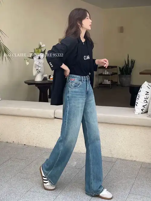 牛仔裤代嘉儿2024春季新款女95322高腰直筒浅蓝色毛边窄版阔腿裤