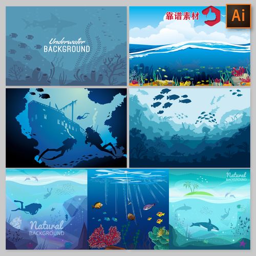 蓝色海洋海底世界海水海浪海边度假卡通插画矢量设计素材