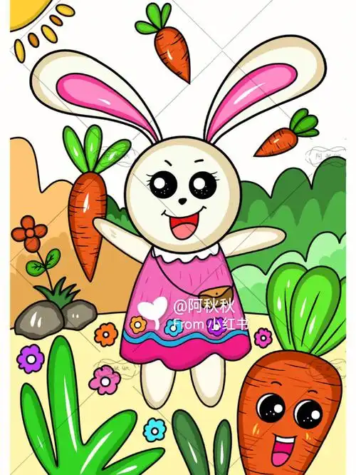 小兔子胡萝卜儿童画附线稿线上美术1v1
