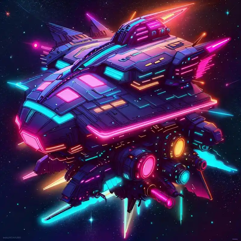 赛博朋克的宇宙飞船在太空中穿梭,它们的外观设计充满未来感,融合了高