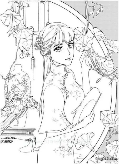 华灯下牵牛花中拿着扇子穿着旗袍的美女涂色简笔画大全