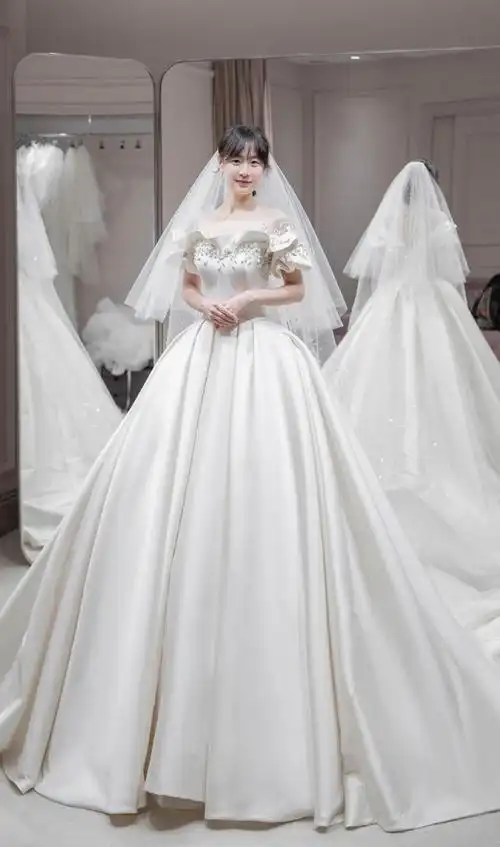 oeing 法式缎面婚纱2021新款新娘主纱气质宫廷风质感拖尾一字肩大气