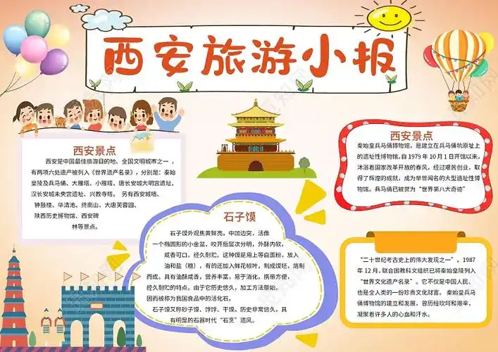 橙色卡通西安旅游word电子小报秦始皇兵马俑西安旅游走进故居