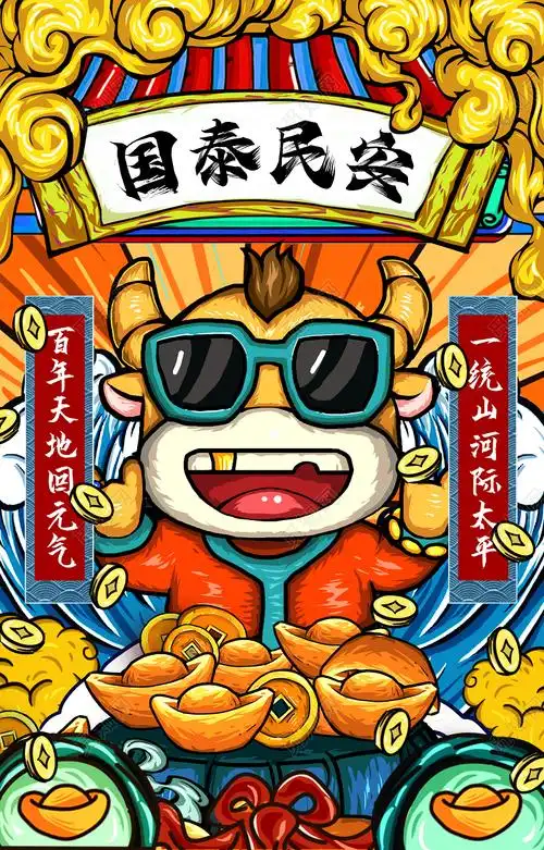国潮插画新年牛年国泰民安宣传海报国潮新年