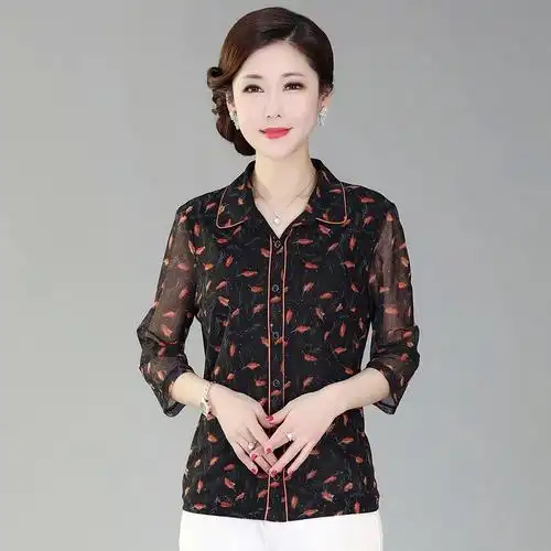 菲迪诗2020年新款女装中年妈妈春夏装长袖衬衫台湾纱50岁小衫上衣
