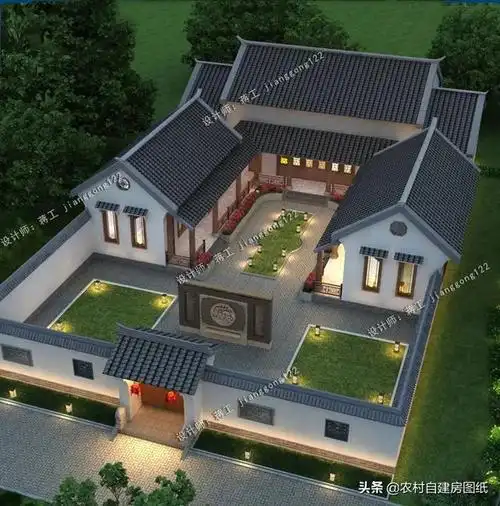户型二复古中式三合院设计图纸,带堂屋的户型,给农村父母建养老房