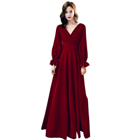 长袖丝绒晚礼服裙子女高贵性感v领大气质敬酒服新娘红色优雅长款