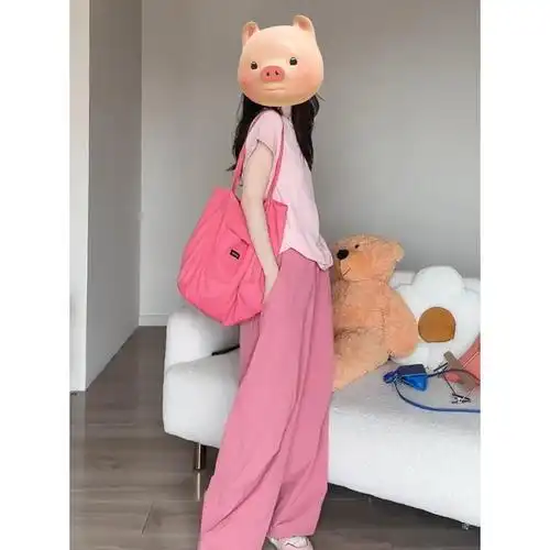 夏装搭配夏天多巴胺小个子穿搭一整套粉色短袖上衣阔腿裤两件套