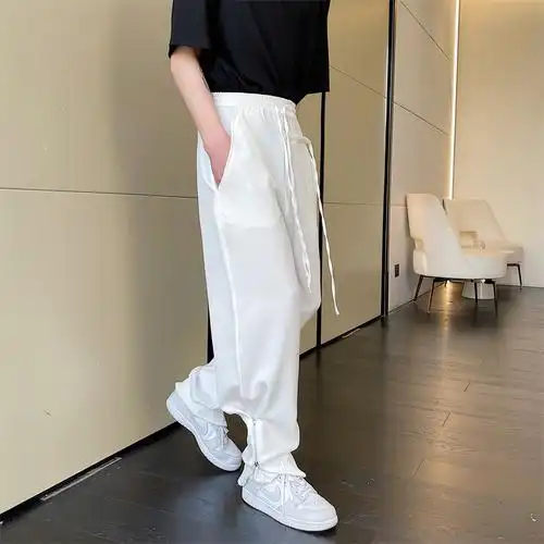韩版侧边拉链设计感休闲裤男宽松坠垂感小众飘带松紧腰西裤直筒裤