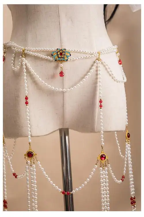 汉服腰链流苏珍珠璎珞坦领齐胸腰襦裙写真腰间配饰古风诃子裙饰品