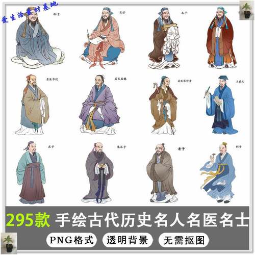 手绘古代历史名人名医名士古代诗人国学人物插画png免扣素材