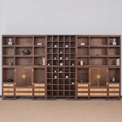 黑胡桃木现代中式书柜组合新中式实木老榆木展柜禅意展示柜陈列柜