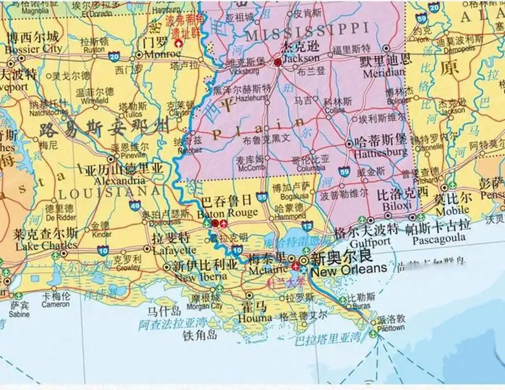 美国最大的河流是密西西比河,这条河的入海口没有喇叭口形状的河口,有