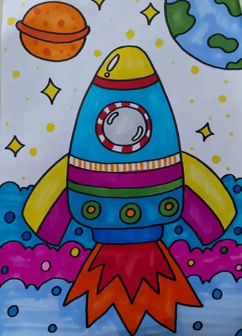 火箭发射儿童画火箭04卡通画马克笔画