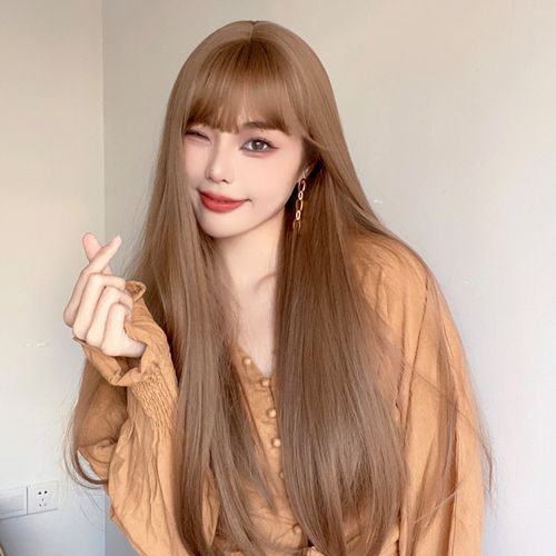 亚麻头套整顶jk甜美网红发网长直日常金棕色日常整顶假发
