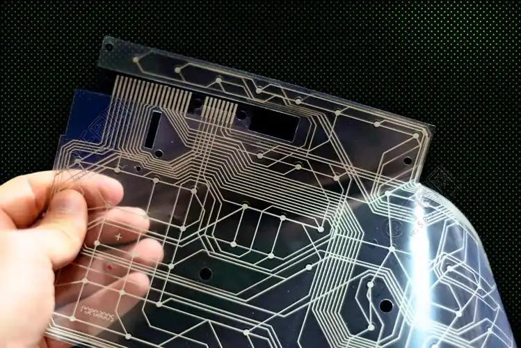 男人手里持有灵活的透明电子线路新的技术灵活和透明印刷电路板中的