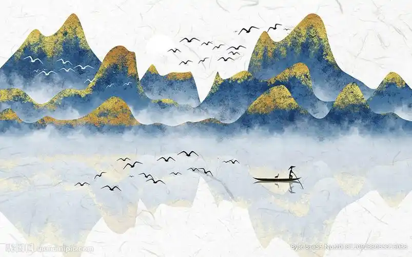 蓝色意境手绘山水画背景墙图片