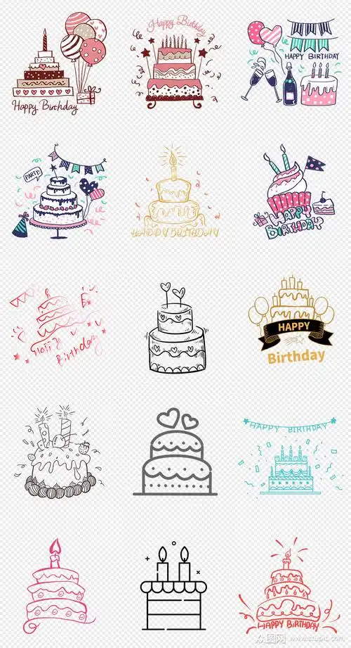 手绘线稿生日蛋糕png免抠素材素材