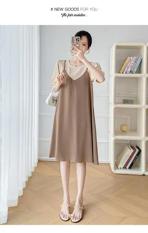 孕妇装大码女装夏装新款时尚假两件中长款连衣裙宽松大码孕妇裙 - 17