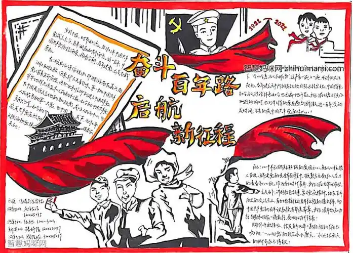 百年奋斗路启航新征程手抄报绘画