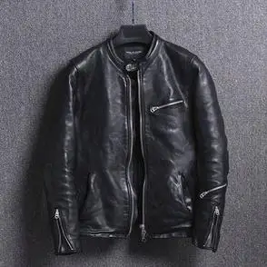 植鞣头层绵羊皮夹克拉链水洗做皱复古黑色皮衣哈雷摩托机车男装